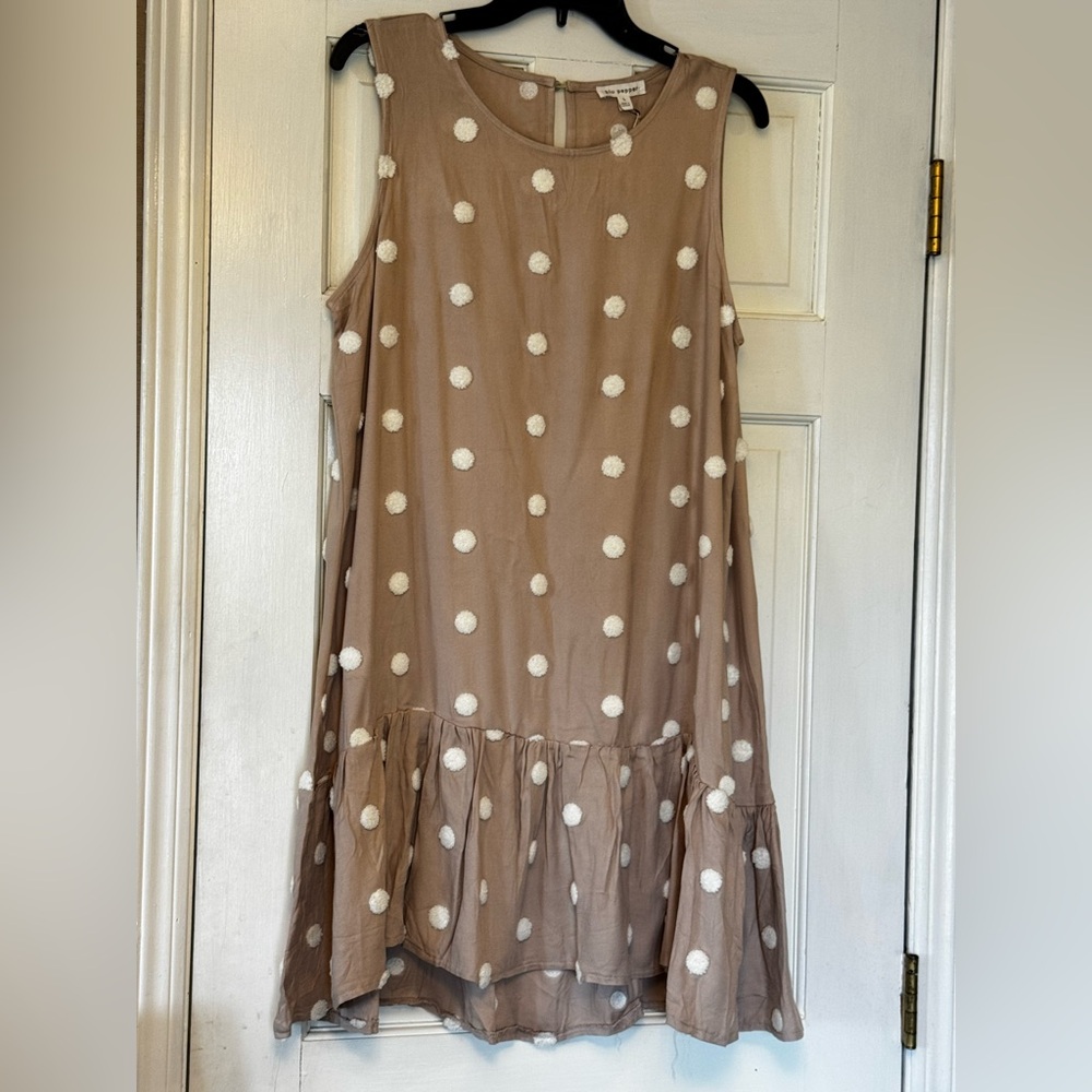 Blu Pepper Taupe Mini Dress with White Polka Dots and Ruffle Hem